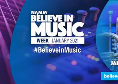 Believe in Music Week logo on blue background with brass instruments